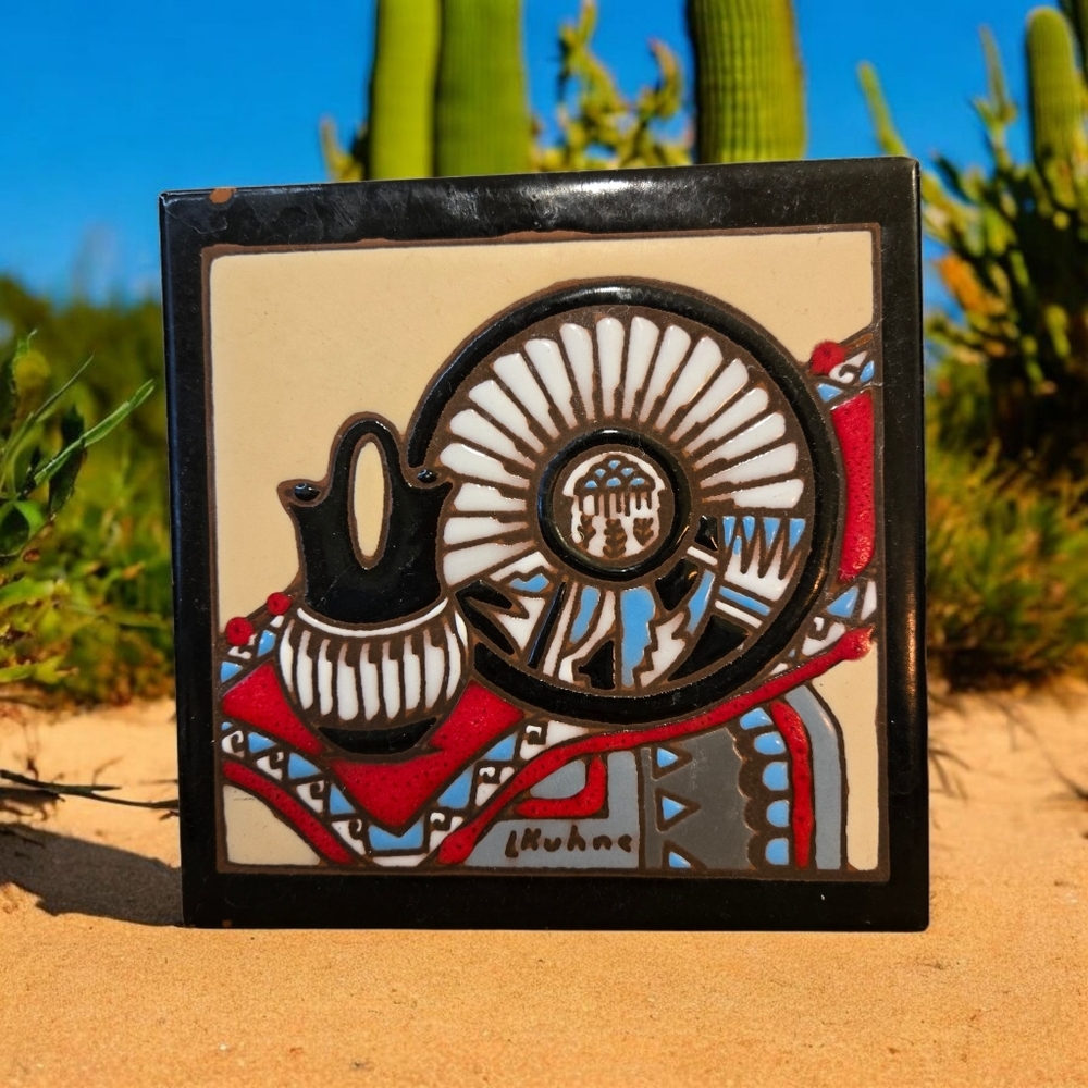 Vintage Southwestern Style Ceramic Tile Art by Artist L. Kuhne, Earthtones